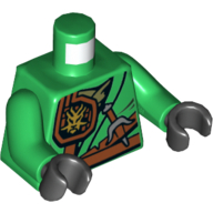 Visuel indicatif Rebrickable de Robe torse avec ceinture, couteau, écharpe et tête de dragon or Motif imprimé emblème, bras verts, mains noires (Torso Robe with Belt, Knife, Scabbard and Gold Dragon Head Emblem Print, Green Arms, Black Hands)
