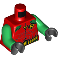 Visuel indicatif Rebrickable de Corps torse, symbole jaune 'R' et ceinture jaune avec boucle ronde motif imprimé (Robin), bras verts, mains noires (Batman Robin) (Torso Bodysuit, Yellow 'R' Symbol and Yellow Belt with Round Buckle Print (Robin), Green Arms, Black Hands (Batman Robin))