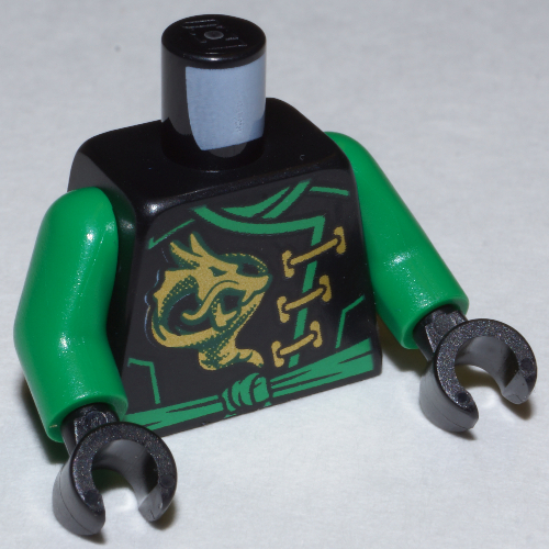 Visuel indicatif Rebrickable de Robe torse avec fermoirs en or, dragon, ceinture verte et caractère asiatique et ailes sur motif imprimé dos, bras verts, mains noires (Torso Robe with Gold Clasps, Dragon, Green Sash and Asian Character and Wings on Back Print, Green Arms, Black Hands)