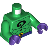 Visuel indicatif Rebrickable de Torse, corps, point d'interrogation noir sur la poitrine et point d'interrogation jaune sur ceinture violet foncé motif imprimé, bras verts, mains pourpre foncé (Torso, Bodysuit, Black Question Mark on Chest and Yellow Question Mark on Dark Purple Belt Print, Green Arms, Dark Purple Hands)
