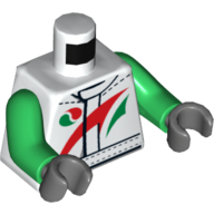 Torse costume de course Octan avec motif imprimé rouge et vert rayure, bras verts, mains gris bleuté foncé (Torso Octan Racing Suit with Red and Green Stripe Print, Green Arms, Dark Bluish Gray Hands)