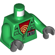 Veste torse, badge d'identité, chemise rouge avec des cercles jaunes, bras verts, mains gris bleuté foncé (Torso Jacket, ID Badge, Red Shirt with Yellow Circles, Green Arms, Dark Bluish Gray Hands)