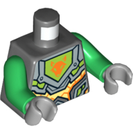 Torse, armure avec des circuits orange et or et emblème de vert citron encadrée avec motif imprimé tête de renard orange, bras verts, mains gris bleuté clair (Torso, Armor with Orange and Gold Circuitry and Lime Emblem Framed with Orange Fox Head Print, Green Arms, Light Bluish Gray Hands)