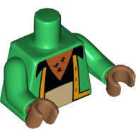 Visuel indicatif Rebrickable de Torse, gilet avec garniture orange, chemise noire, pantalon beige et poitrine Cheveux motif imprimé, bras verts, mains nougat moyen (Torso, Vest with Orange Trim, Black Shirt, Tan Pants and Chest Hair Print, Green Arms, Medium Nougat Hands)