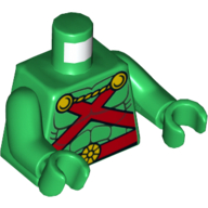 Contour des muscles du torse avec sangles rouges et ceinture, fermoirs jaunes et motif imprimé de cordon, bras et mains verts (Torso Muscles Outline with Red Straps and Belt, Yellow Clasps and Cord Print, Green Arms and Hands)