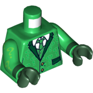 Veste de costume torse avec poches, cravate, chemise et points d'interrogation vert vif motif imprimé, bras verts avec des points d'interrogation vert vif motif imprimé, mains vert foncé (Torso Suit Jacket with Pockets, Tie, Shirt and Bright Green Question Marks Print, Green Arms with Bright Green Question Marks Print, Dark Green Hands)