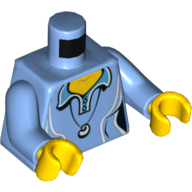 Visuel indicatif Rebrickable de Chemise torse avec deux boutons et pendentif coquille, '2014 The LEGO Store Las Vegas' sur le dos motif imprimé, bras bleu moyen, mains jaunes (Torso Shirt with Two Buttons and Shell Pendant, '2014 The LEGO Store Las Vegas' on Back Print, Medium Blue Arms, Yellow Hands)