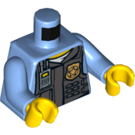 Visuel indicatif Rebrickable de Chemise de police de torse avec motif imprimé gris bleuté foncé gilet de police, bras bleu moyen gauche, bras bleu moyen droit avec badge étoile imprimé, mains jaunes (Torso Police Shirt with Dark Bluish Gray Police Vest Print, Medium Blue Arm Left, Medium Blue Arm Right with Star Badge Print, Yellow Hands)