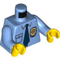 Visuel indicatif Rebrickable de Chemise de police de torse avec badge d'or, cravate bleu foncé et motif imprimé 'POLICE' sur le dos, bras bleu moyen, mains jaunes (Torso Police Shirt with Gold Badge, Dark Blue Tie and 'POLICE' Print on Back, Medium Blue Arms, Yellow Hands)
