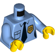 Chemise de police torse avec badge or, poche et motif imprimé cravate noire, bras bleu moyen, mains jaunes (Torso Police Shirt with Gold Badge, Pocket and Black Tie Print, Medium Blue Arms, Yellow Hands)