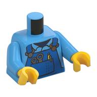 Salopette bleu mécanique de torse, outils dans la poche, stylo avec le motif imprimé noir de contour, motif imprimé de dos, bras bleu moyen, mains jaunes (Torso Mechanic Blue Overalls, Tools in Pocket, Pen with Black Outline Print, Back Print, Medium Blue Arms, Yellow Hands)