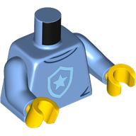 Visuel indicatif Rebrickable de Torse, insigne de police bleu clair lumineux imprimé, bras bleu moyen, mains jaunes (Torso, Bright Light Blue Police Badge Print, Medium Blue Arms, Yellow Hands)