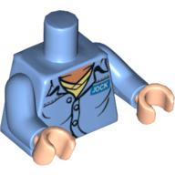 Visuel indicatif Rebrickable de Col ouvert torse, badge nom 'JOCK' et 'AIR PIRATES' sur motif imprimé à l'envers, bras bleu moyen, mains nougat clair (Torso Open Collar, Name Badge 'JOCK' and 'AIR PIRATES' on Reverse Print, Medium Blue Arms, Light Nougat Hands)