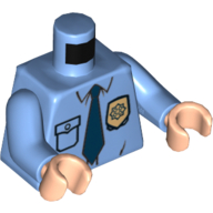 Chemise de police torse avec badge or, motif : cravate bleu foncé et rides, bras bleu moyen, mains nougat clair (Torso Police Shirt with Gold Badge, Dark Blue Tie and Wrinkles Print, Medium Blue Arms, Light Nougat Hands)