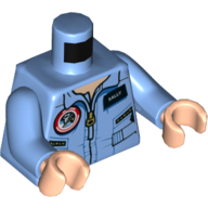 Visuel indicatif Rebrickable de Combinaison torse avec fermeture à glissière et 'SALLY' Nom Étiquette motif imprimé, bras bleu moyen, mains nougat clair (Torso Jumpsuit with Zipper and 'SALLY' Name Tag Print, Medium Blue Arms, Light Nougat Hands)
