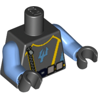 Visuel indicatif Rebrickable de Torse, aquariums logo trident, ceinture argentée et motif imprimé à glissière, bras bleu moyen, mains noires (Torso, Aquaraiders Trident Logo, Silver Belt and Zipper Print, Medium Blue Arms, Black Hands)