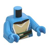 Visuel indicatif Rebrickable de Torse, tunique beige, garniture blanche, ceinture marron foncé / vert, motif imprimé fourrure, bras et mains bleu moyen (Torso, Tan Tunic, White Trim, Dark Brown/Green Belt, Fur Print, Medium Blue Arms and Hands)