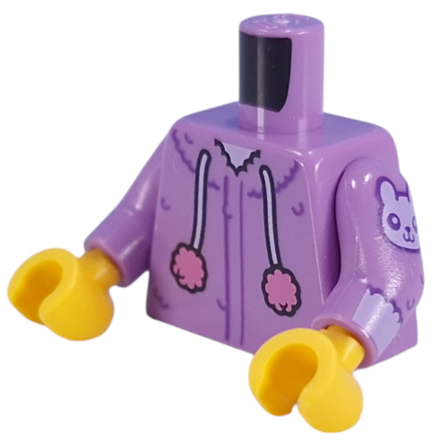 Torse, fourrure violet foncé, oreilles de chat sur sweat à capuche, cordes avec pompons, patte, lapin sur les bras motif imprimé, bras lavande moyen, mains jaunes (Torso, Dark Purple Fur, Cat Ears on Hoodie, Strings with Poms, Paw, Bunny on Arms Print, Medium Lavender Arms, Yellow Hands)
