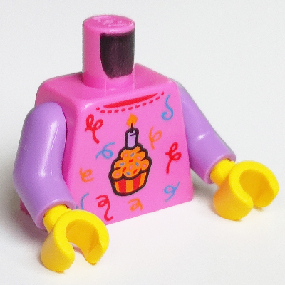 Visuel indicatif Rebrickable de Pull torse, Cupcake orange avec bougie, rouge, orange et bleu Décorations motif imprimé, bras lavande moyen, mains jaunes (Torso Sweater, Orange Cupcake with Candle, Red, Orange and Blue Decorations Print, Medium Lavender Arms, Yellow Hands)