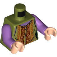 Gilet torse avec décorations rouge foncé, orange foncé et or, sur motif imprimé de sous-chemise lavande moyenne, bras lavande moyen, mains nougat clair (Torso Vest with Dark Red, Dark Orange, and Gold Decorations, over Medium Lavender Undershirt Print, Medium Lavender Arms, Light Nougat Hands)
