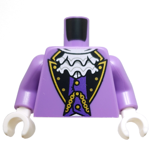 Veste de torse, col noir, garniture d'or, chaîne, volant blanc, motif : chemise lavande, bras lavande moyen, mains blanches (Torso Jacket, Black Collar, Gold Trim, Chain, White Ruff, Lavender Shirt Print, Medium Lavender Arms, White Hands)