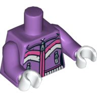 Visuel indicatif Rebrickable de Veste de ski torse, 2 poches zippées et motif imprimé rayures roses et blanches, bras lavande moyen, mains blanches (Torso Ski Jacket, 2 Zipper Pockets and Pink and White Stripes Print, Medium Lavender Arms, White Hands)