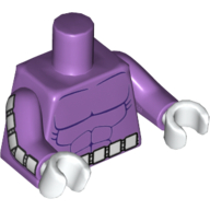 Visuel indicatif Rebrickable de Torse Muscles Esquisse sur le devant, Ceinture avec 6 carrés blancs sur le devant et motif imprimé inversé, Bras de lavande moyen avec motif imprimé carrés blancs, mains blanches (Torso Muscles Outline on Front, Belt with 6 White Squares on Front and Reverse Print, Medium Lavender Arms with White Squares Print, White Hands)