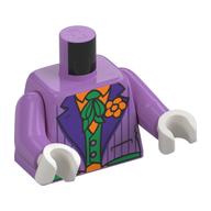 Visuel indicatif Rebrickable de Veste torse, revers violet foncé, gilet vert, chemise orange, motif imprimé de fleurs orange, bras lavande moyen, mains blanches (Torso Jacket, Dark Purple Lapels, Green Vest, Orange Shirt, Orange Flower Print, Medium Lavender Arms, White Hands)