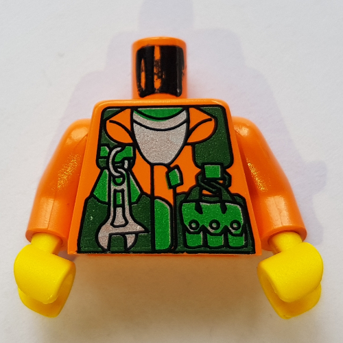 Chemise torse, gilet vert, Clé et poches motif imprimé (étincelles), bras orange, mains jaunes (Torso Shirt, Green Vest, Wrench and Pockets Print (Sparks), Orange Arms, Yellow Hands)