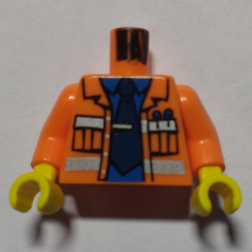 Torse Construction Veste ouverte, Bandes de sécurité, chemise bleue, motif : cravate bleu foncé, bras orange, mains jaunes (Torso Construction Jacket Open, Safety Stripes, Blue Shirt, Dark Blue Tie Print, Orange Arms, Yellow Hands)