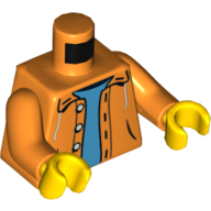 Veste torse avec capuche sur pull bleu clair motif imprimé, bras orange, mains jaunes (Torso Jacket with Hood over Light Blue Sweater Print, Orange Arms, Yellow Hands)