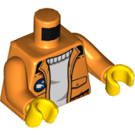 Veste torse avec poches sur pull blanc, logo explorateur arctique sur motif imprimé à l'envers, bras orange, mains jaunes (Torso Jacket with Pockets over White Sweater, Arctic Explorer Logo on Reverse Print, Orange Arms, Yellow Hands)