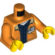 Veste torse avec fermeture éclair, chemise boutonnée bleu foncé, poches, badge d'identité, logo des mineurs, bras orange, mains jaunes (Torso Jacket with Zipper, Dark Blue Buttoned Shirt, Pockets, ID Badge, Miners Logo, Orange Arms, Yellow Hands)