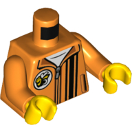 Veste torse, fermeture éclair, rayures noires, logo abeille, motif imprimé sous-chemise blanc, bras orange, mains jaunes (Torso Jacket, Zipper, Black Stripes, Bee Logo, White Undershirt Print, Orange Arms, Yellow Hands)