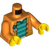 Veste torse avec boutons de fleurs et de chat, maillot de corps turquoise foncé avec motif imprimé de rayures blanches, bras orange, mains jaunes (Torso Jacket with Flower and Cat Buttons, Dark Turquoise Undershirt with White Stripes Print, Orange Arms, Yellow Hands)