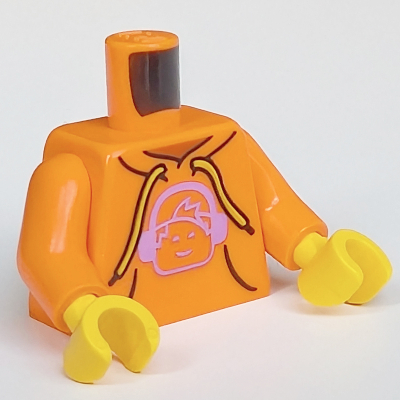 Visuel indicatif Rebrickable de Torse, sweat à capuche avec tête minifigurine lavande portant des écouteurs et 'STREET' sur le dos motif imprimé, bras orange, mains jaunes (Torso, Hoodie with Lavender Minifig Head Wearing Headphones and 'STREET' on Back Print, Orange Arms, Yellow Hands)