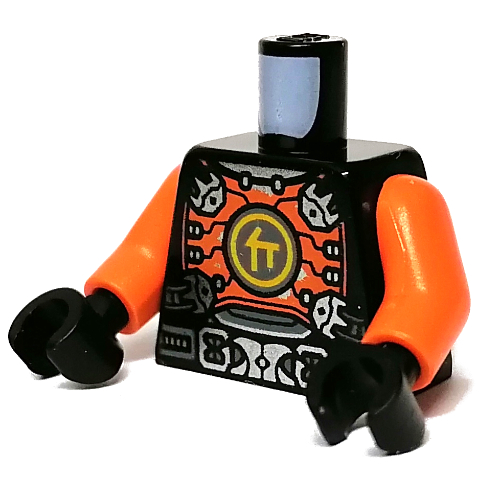 Armure de torse, plaque de poitrine orange avec symbole orange clair vif, motif : ceinture utilitaire, bras orange, mains noires (Torso Armour, Orange Chestplate with Bright Light Orange Symbol, Utility Belt Print, Orange Arms, Black Hands)