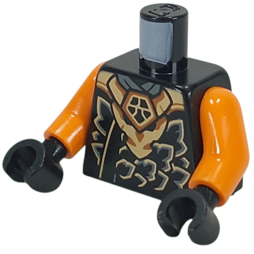 Robe ninja torse, écailles orange et gris bleuâtre foncé, motif imprimé dragon or, bras orange, mains noires avec (Torso Ninja Robe, Orange and Dark Bluish Grey Scales, Gold Dragon Print, Orange Arms, Black Hands with)