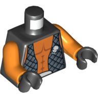 Gilet torse avec tête extraterrestre, ouvert avec motif imprimé poitrine nue, bras orange, mains noires (Torso Vest with Alien Head, Open with Bare Chest Print, Orange Arms, Black Hands)