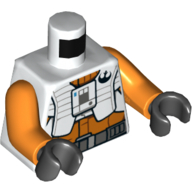 Gilet torse avec logo rebelle, costume pilote blanc et orange, ceinture gris bleu foncé motif imprimé bras orange, mains noires (Torso Vest with Rebel Logo, White and Orange Pilot Suit, Dark Bluish Grey Belt Print Orange Arms, Black Hands)