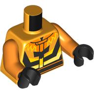 Torse, rayures noires, motif imprimé flammes jaunes, bras orange, mains noires (Torso, Black Stripes, Yellow Flames Print, Orange Arms, Black Hands)