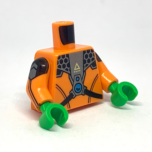 Torse, combinaison spatiale avec panneau de titane perlé avec des cercles azur foncés et des sangles noires / boîtes azur foncées motif imprimé, bras orange, mains vert vif (Torso, Space Suit with Pearl Titanium Panel with Dark Azure Circles and Black Straps / Dark Azure Canisters Print, Orange Arms, Bright Green Hands)