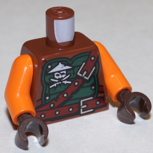 Torse, armure verte avec ceintures, crâne de ninja avec épées croisées et motif imprimé de gribouillis, bras orange, mains brun foncé (Torso, Green Armor with Belts, Ninja Skull with Crossed Swords and Scabbards Print, Orange Arms, Dark Brown Hands)