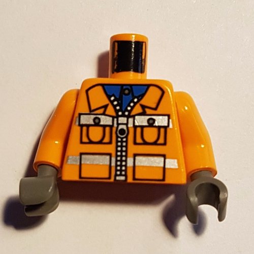 Visuel indicatif Rebrickable de Veste de construction torse avec fermeture à glissière, chemise bleue, motif imprimé de rayures de sécurité, bras orange, mains gris foncé (Torso Construction Jacket with Zipper, Blue Shirt, Safety Stripes Print, Orange Arms, Dark Gray Hands)