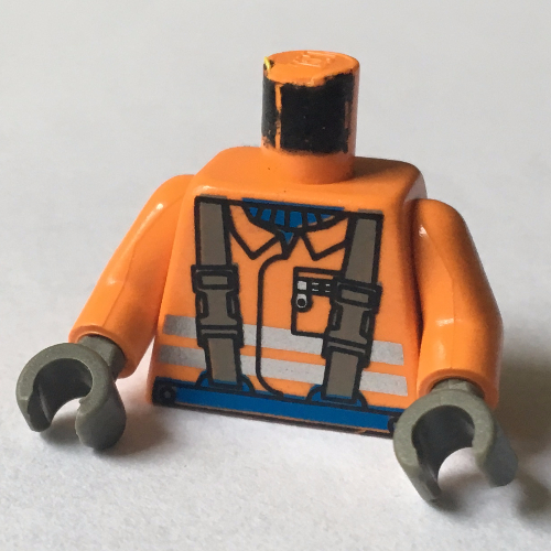 Veste de construction torse, bretelles marron, chemise, motif imprimé de rayures de sécurité, bras orange, mains gris foncé (Torso Construction Jacket, Brown Suspenders, Shirt, Safety Stripes Print, Orange Arms, Dark Gray Hands)