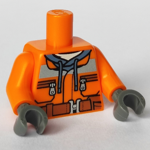 Visuel indicatif Rebrickable de Veste de construction torse sur capuche gris foncé, poches zippées, motif : ceinture brune, pas de motif imprimé dos, bras orange, mains gris bleuté foncé (Torso Construction Jacket over Dark Gray Hoodie, Zipper Pockets, Brown Belt Print, No Back Print, Orange Arms, Dark Bluish Gray Hands)