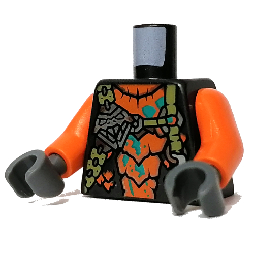 Visuel indicatif Rebrickable de Armure de torse, crâne, sangles, écailles orange imprimé, bras orange, mains gris bleuté foncé (Torso Armor, Skull, Straps, Orange Scales Print, Orange Arms, Dark Bluish Gray Hands)