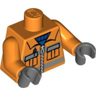 Veste de sécurité torse avec fermeture à glissière, poches et chemise bleue / 2011 la mission de magasin LEGO viejo, ca sur le dos motif imprimé, bras orange, mains gris bleuté foncé (Torso Safety Jacket with Zipper, Pockets, and Blue Shirt / 2011 The LEGO Store Mission Viejo, CA on Back Print, Orange Arms, Dark Bluish Gray Hands)