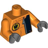 Veste torse avec fermeture à glissière et logo méchant sur le dos motif imprimé, bras orange, mains gris bleuté foncé (Torso Jacket with Zipper and Villain Logo on Back Print, Orange Arms, Dark Bluish Gray Hands)