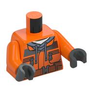 Veste de construction torse sur capuche gris foncé, poches zippées, ceinture marron motif imprimé, bras orange, mains gris bleuté foncé (Torso Construction Jacket over Dark Gray Hoodie, Zipper Pockets, Brown Belt Print, Orange Arms, Dark Bluish Gray Hands)